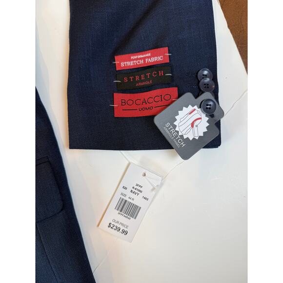 Bocaccio Uomo Navy Stretch 3-Piece Suit Blazer Vest Pants 44R New With Tags - Picture 8 of 12